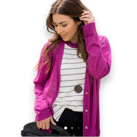 BETSEY'S BOUTIQUE SHOP Tissue Button Fuchsia Long Cardigan Med | NWOT - Picture 2 of 10